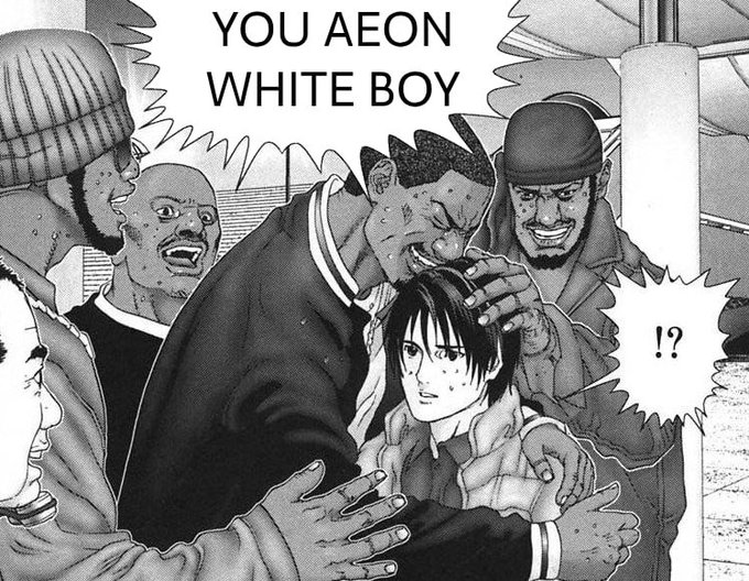 A black-and-white manga panel shows several intimidating men aggressively confronting and grabbing a younger man, with the speech bubble reading "YOU AEON WHITE BOY" and a smaller "!?" bubble from the shocked victim. The image humorously visualizes the post's theme of "Fuck the system syndrome," depicting a collective, aggressive backlash against societal conformity as the characters harass an outsider — paralleling the meme's call to embrace SPX6900 as a rebellious antidote to the system.