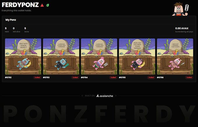 A crypto/NFT dashboard called FERDYPONZ featuring cartoon Ponzi-themed characters with tombstones displaying phrases like 'DOn't WITH MONKEE RESPECT' and 'SCHAD FREI STAND UP', showing 6 Holds, 0 Still alive, and 6 Buried.