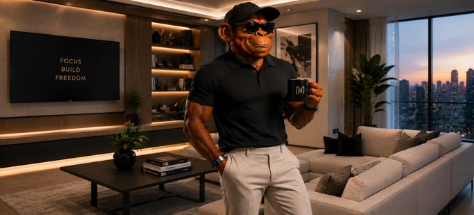 A man wearing a monkey mask, sunglasses, and a black polo shirt holding a black mug in a modern, luxurious living room with a TV displaying 'FOCUS BUILD FREEDOM'.