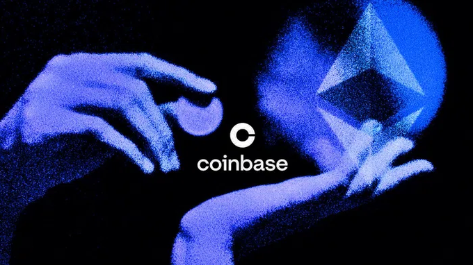 Two blue-tinted hands extend toward each other in a "Creation of Adam" gesture, with one holding a coin and the other cradling an Ethereum logo, framing the white "coinbase" logo at the center. The imagery visually represents the post's message about preserving crypto holdings rather than selling—symbolizing the choice between giving up assets (selling to cover expenses) versus holding them while accessing liquidity through DeFi borrowing on Coinbase.