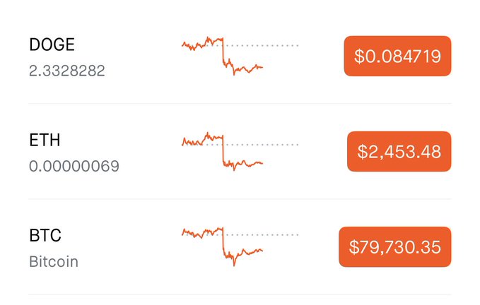 A cryptocurrency price tracker showing DOGE at $0.084719 (2.3328282), ETH at $2,453.48 (0.00000069), and BTC at $79,730.35, with downward trending sparkline charts for all three.