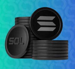 A graphic showing black crypto coins with the 'SOL' Solana logo stacked against a teal and blue patterned background.