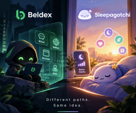 A split-screen promotional image contrasting 'Beldex' (left, featuring a hooded hacker-like figure with options like BChat, BelNet, Browser, BNS) with 'Sleepagotchi' (right, showing a cute sleeping character with a 'Better habits' device and sleep-related icons), unified by the tagline 'Different paths. Same idea.'