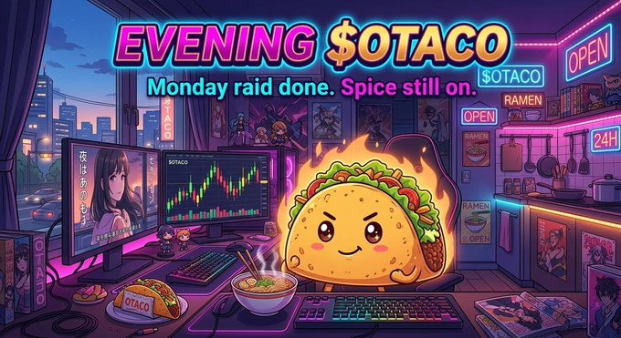 A vibrant, anime-style digital illustration titled 'Evening $otaco' depicting a smiling, animated taco sitting at a desk with multiple computer monitors displaying crypto charts, with neon signs for ramen and an '$otaco' shop in the background.