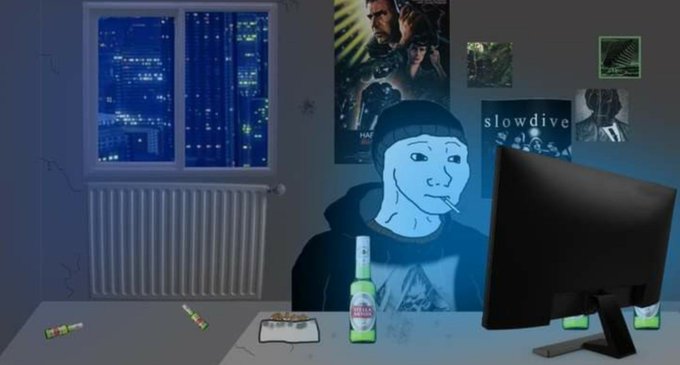 A melancholic "Wojak" figure sits at a computer in a dark, poster-covered room, drinking a bottle labeled "Tuborg" while staring blankly at the screen. The lone visible text on the wall is "slowdive," and the overall mood of late-night loneliness ties into the post's casual, weary tone of "Gngn."