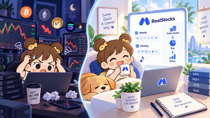 Anime-style illustration contrasting a stressed investor monitoring volatile charts with a relaxed character using the RealStocks app featuring Auto Invest and crypto options like Bitcoin and Ethereum.