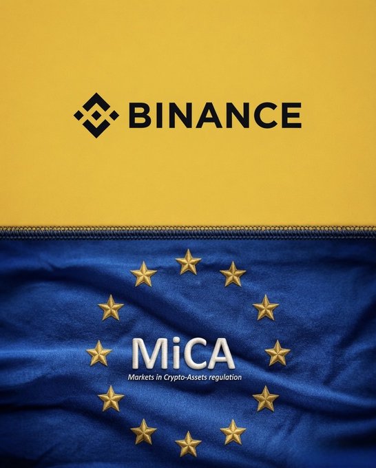 The image is split between a yellow top half displaying the "BINANCE" logo and a blue bottom half featuring the EU flag with "MiCA — Markets in Crypto-Assets regulation" text. This visually represents Binance losing access to the European Union's 450-million-person market after failing to meet MiCA's regulatory standards, illustrating the regulatory action that closed off the bloc to the exchange.