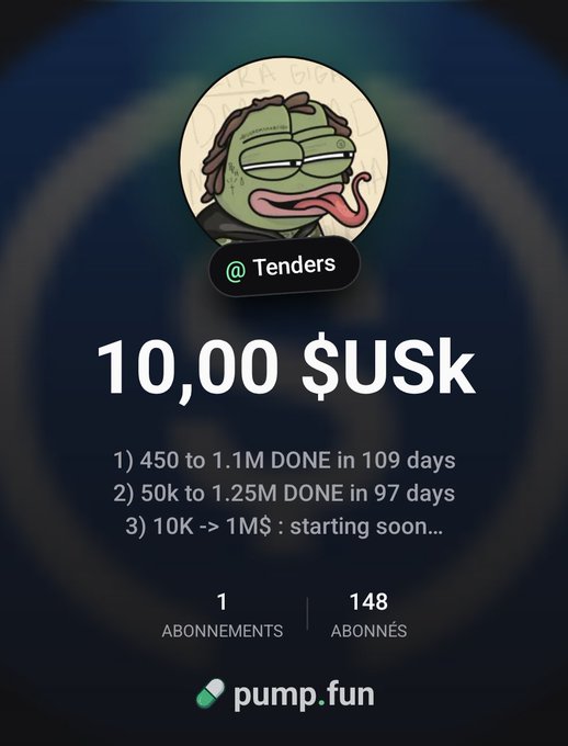The image shows a pump.fun profile for "@Tenders" with a Pepe-style profile picture, displaying "$USK" as the token amount and outlining past trading challenges (450 to 1.1M in 109 days, 50k to 1.25M in 97 days) before announcing a new "10K -> 1M$" challenge starting soon. This directly ties to the post, which announces the 10K to 1M challenge with wallet funding, analysis shared in the Kermit whale chat, and collaboration with @haremtrade to document the journey publicly.