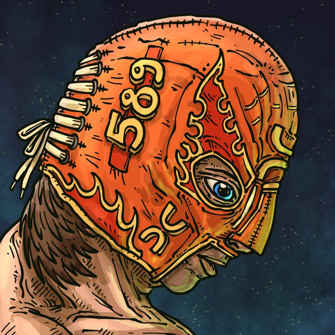 An illustration of a figure wearing an orange lucha libre-style wrestling mask with the letters "CSC" on it, set against a dark blue starry background.