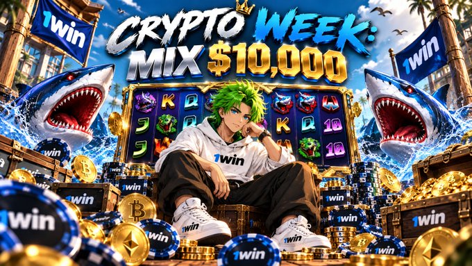 An anime-style promotional graphic for "CRYPTO WEEK: MIX $10,000" features a green-haired character in 1win branded apparel, surrounded by slot machine reels, shark imagery, gold coins, and poker chips.