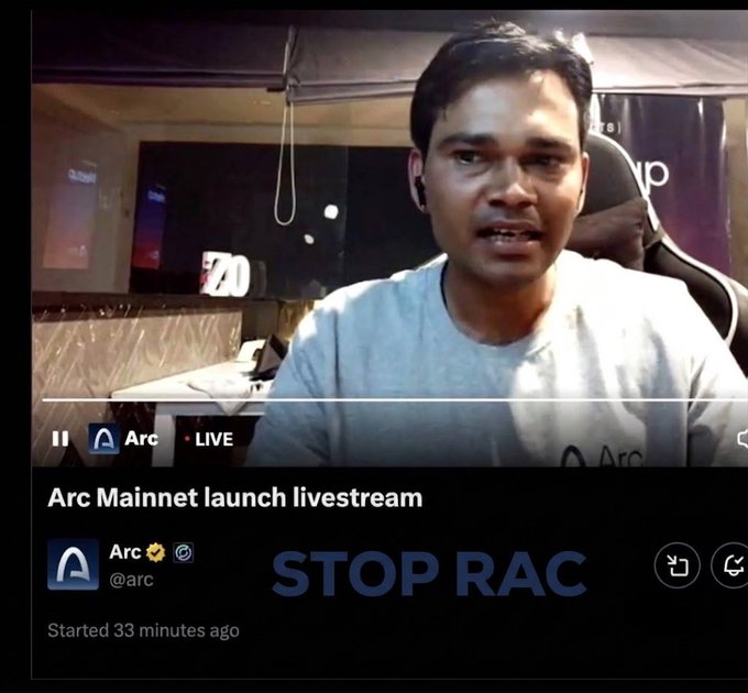 A livestream titled "Arc Mainnet launch livestream" by @arc, showing a man speaking with the overlay text "STOP RAC" in large blue letters.