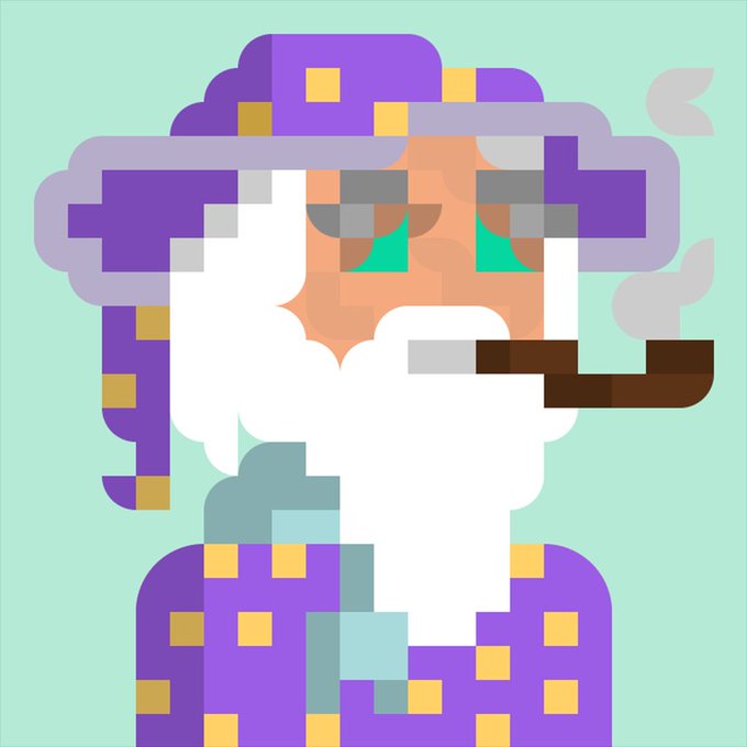 A pixel art portrait of a bearded character with purple hair, green eyes, and a pipe in his mouth, set against a mint green background.