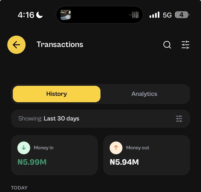A mobile screenshot displays a "Transactions" page on a dark-themed app, showing a History tab filtered to the Last 30 days with ₦5.99M in "Money in" and ₦5.94M in "Money out," tying to the caption "Mine" as a personal boast of recent financial activity.