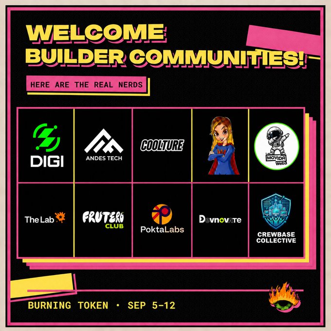 A retro-styled "Welcome Builder Communities!" graphic showcases 10 partner logos including DIGI, Andes Tech, Coolture, MovidaWeb, The Lab, Frutero Club, PoktaLabs, Dovnovate, and Crewbase Collective, with Burning Token event details listed as Sep 5-12. The vibrant 80s-inspired design reinforces the post's message of global expansion, highlighting the diverse international builder communities joining the Burning Token initiative.