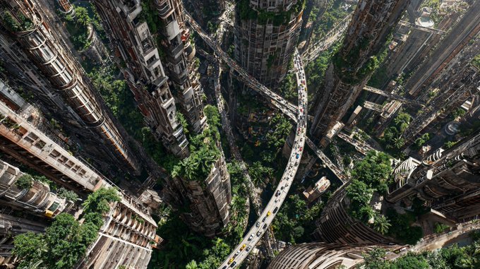 An aerial view of a futuristic overgrown cityscape with massive skyscrapers intertwined with winding highways and lush vegetation reclaiming the urban environment.