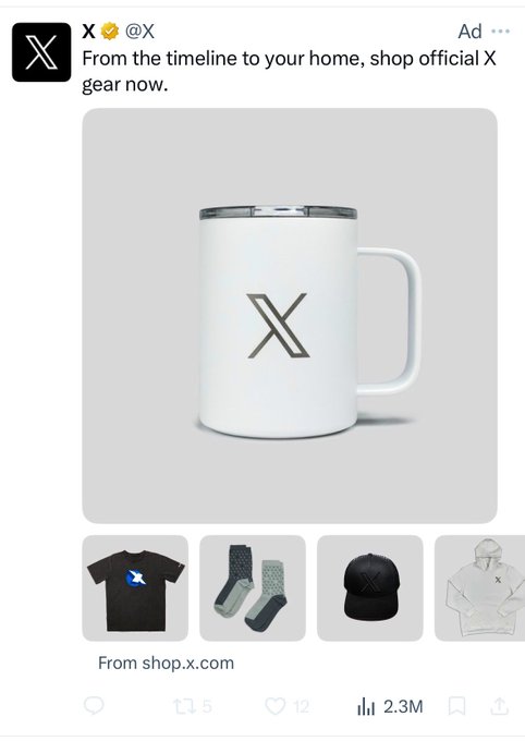 An X advertisement promotes official merchandise from shop.x.com, featuring a white mug with the "X" logo alongside t-shirts, socks, caps, and hoodies. The post humorously suggests the platform accept DOGE cryptocurrency for purchases, playfully tying into the merchandise ad.