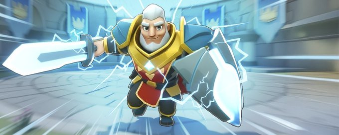 A 3D animated knight character in gold armor wields glowing blue sword and shield against a battle arena background.