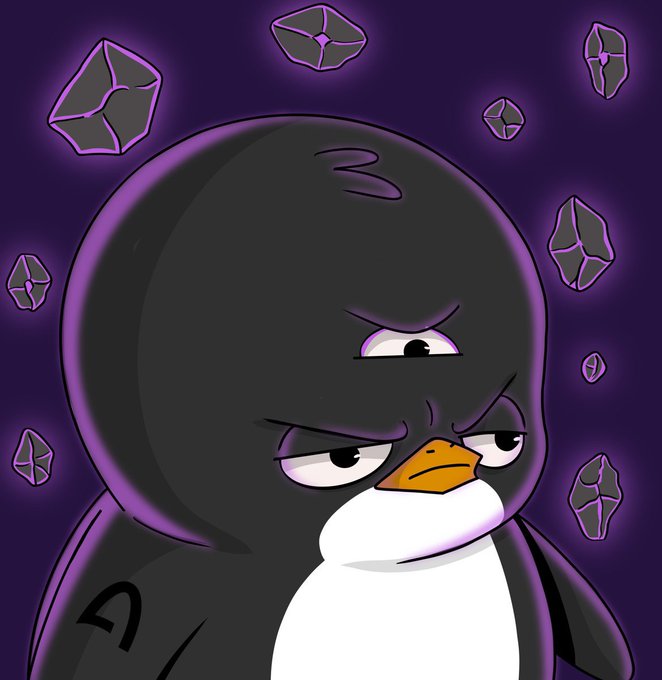A cartoon penguin character with a grumpy expression features a third eye on its forehead, set against a dark purple background with floating rock fragments.
