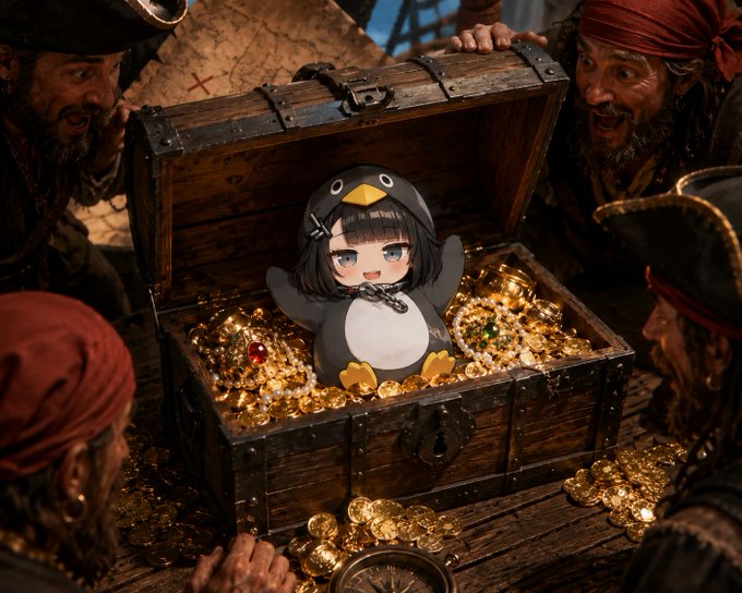 A treasure chest overflows with gold coins and jewels, surrounded by astonished pirates, with a cute chibi-style girl in a penguin costume sitting triumphantly amid the loot—capturing the "jackpot" moment of an unexpected, adorable prize.
