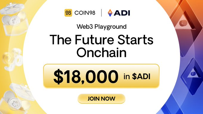The image features a white circle with gold borders that displays text promoting a Coin 98 integration with ADI Chain. The text indicates that the website "Web Playground" has implemented the ADI Chain wallet layer, which enables users to pay using various forms of fiat currency and potentially access stablecoins and RWA payments for real-world finance applications like ADI Chain. The post suggests joining now in order to take advantage of this integrated solution by receiving $18,000 as a starting payment on the Coin 98 website.