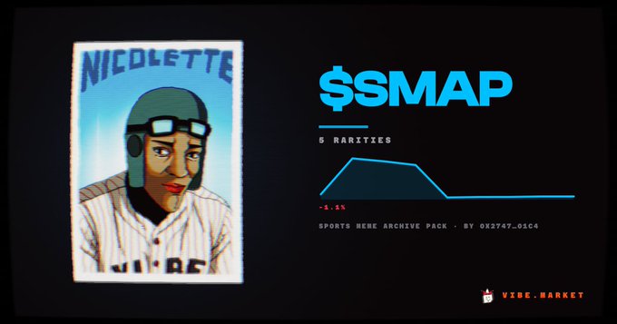 A graphic featuring a vintage baseball card of "NICOLETTE" alongside a price chart labeled "$SMAP" showing "5 RARITIES" and a -4.5% drop, marketed as a "SPORTS MEME ARCHIVE PACK" with a "VIBE.MARKET" logo.