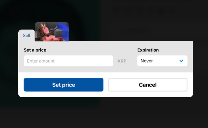 The image shows a sell listing interface for setting a price in XRP, featuring a cartoon pink llama NFT image, a price input field with "Enter amount" placeholder, and an expiration dropdown set to "Never." The accompanying post notes the auction tab is temporarily disabled while updates are being prepared for the next @xrpcafe release.