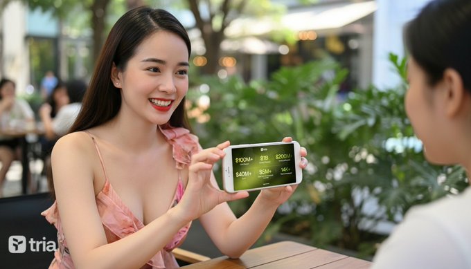 The image shows a woman holding up her phone displaying a game or app for crypto trading. The focus of the image seems to be on the interaction between the two women, with one woman showing off her phone while the other woman looks at it. There are also some chairs and dining tables visible in the background, suggesting that they might be sitting outside or in an outdoor setting.