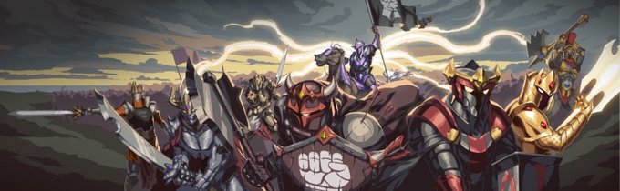 A group of medieval-styled armored knights and warriors stand together in heroic formation, with one prominently wielding a shield displaying a fist emblem. The stylized fantasy artwork complements the post promoting the Iron Allies NFT project and its 0.25 ETH mint price for collectors.