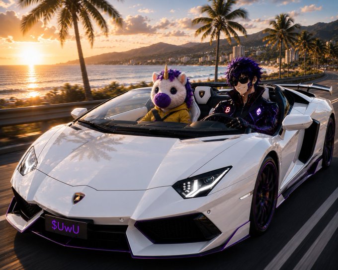 An anime-style illustration of a character with purple hair driving a white Lamborghini convertible with a unicorn plushie passenger on a coastal road at sunset.