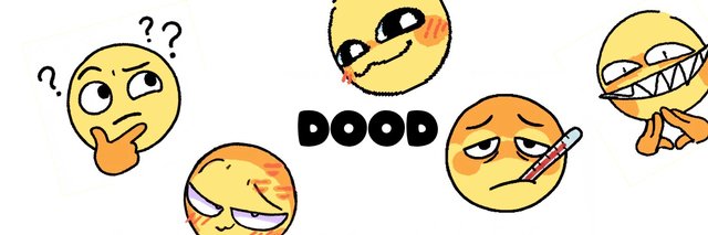 A cartoon banner featuring five orange blob-like emoji characters displaying various expressions, with the word 'DOOD' written in bold black letters in the center.