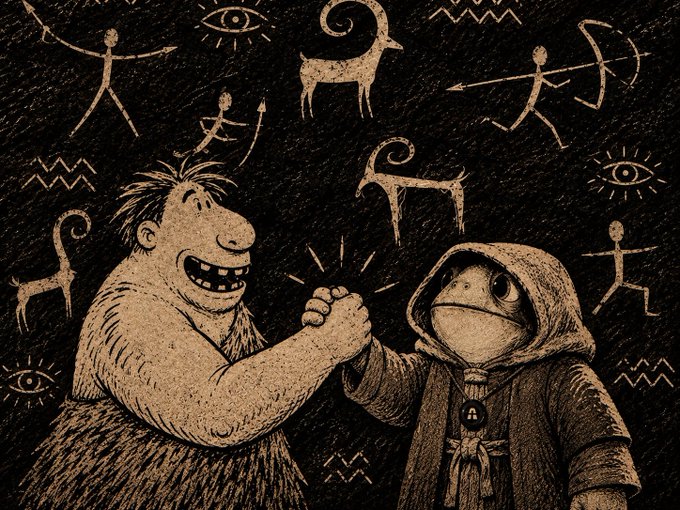 A sepia-toned illustration in a primitive cave-painting style showing a caveman arm-wrestling a hooded monk-like figure, surrounded by stick-figure drawings of animals and humans.