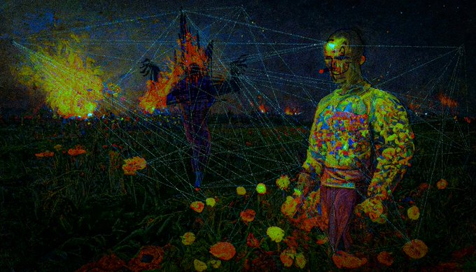 A dark, surreal digital painting depicting figures and a burning form in a field of glowing flowers, overlaid with a complex geometric web of thin lines against a night sky.