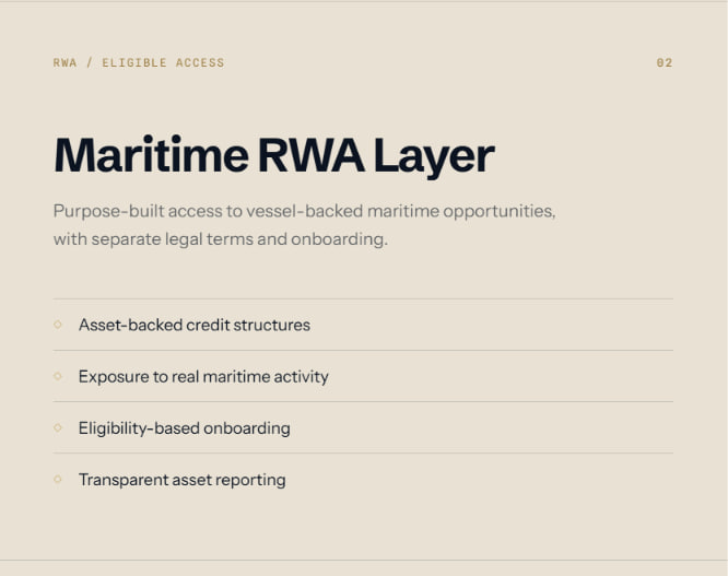 The image displays a presentation slide titled "Maritime RWA Layer" describing purpose-built access to vessel-backed maritime opportunities, featuring bullet points on asset-backed credit structures, real maritime activity exposure, eligibility-based onboarding, and transparent asset reporting, which aligns with the post's emphasis on tokenizing real, operating vessels rather than conceptual ones.