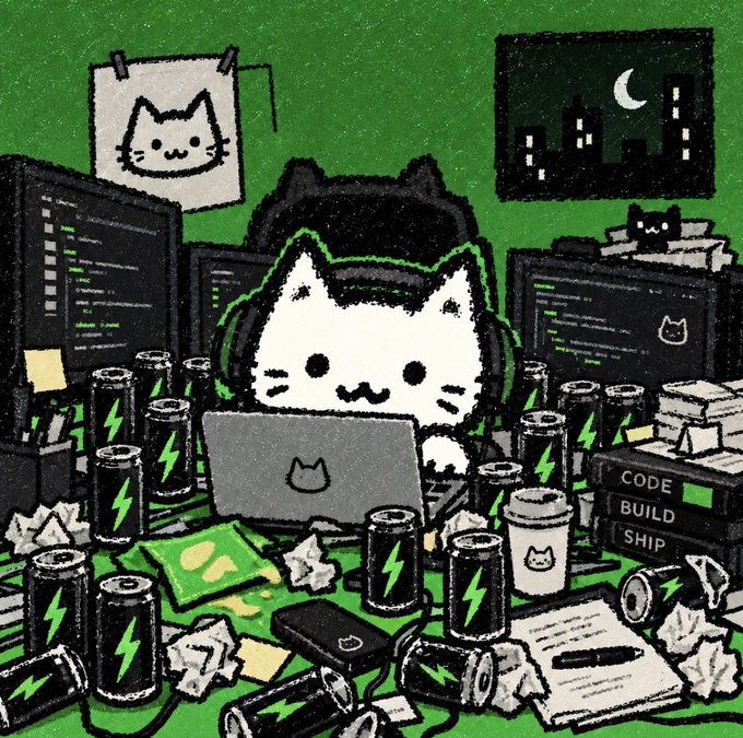 A pixel art illustration shows a white cat wearing a beanie and headphones, typing on a laptop surrounded by numerous green and black "energy drink" cans, crumpled papers, and dual monitors displaying code, with a sticky note reading "CODE BUILD SHIP" — depicting the intense late-night dev work behind launching the ARC NFT and Zumix Launchpad ecosystem mentioned in the post.