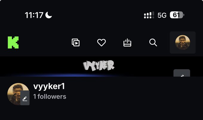 The image shows a mobile screenshot of the KICK streaming platform profile page for "vyyker1" (@vyyker) with a profile picture of a man wearing sunglasses, displaying 1 follower. The post promotes a $100 giveaway, instructing users to follow the account on KICK and retweet with proof and their SOL wallet address.