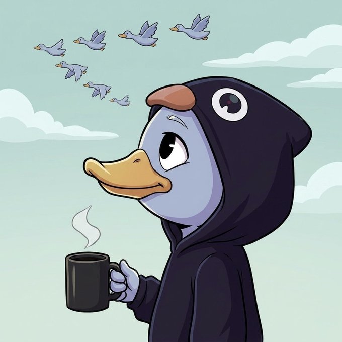 A cute cartoon duck character wearing a black penguin-style hooded onesie holds a steaming black mug, with five ducks flying in formation across a cloudy sky background.