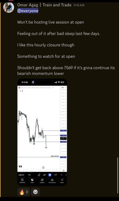 The image shows a screenshot of a cell phone screen displaying a graph or chart, possibly related to stock trading. The text on the screen reads "OMAR AGAJ TRAIN AND TRADE", which could be an email address or a social media handle. The caption below the image states that "I like this hourly closure though something to watch for open".