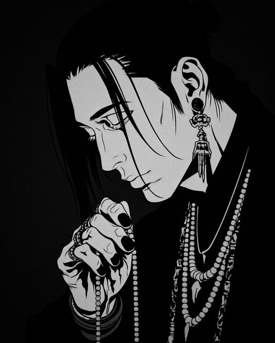 A black and white anime-style illustration of a character with long dark hair, dark eyes, multiple earrings, rings, and beaded necklaces, holding hands in a prayer pose.
