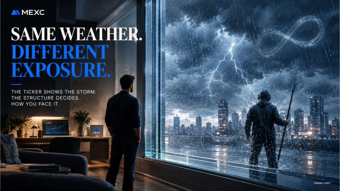 A MEXC advertisement reads 'SAME WEATHER. DIFFERENT EXPOSURE.' with the tagline 'The ticker shows the storm. The structure decides how you face it,' depicting a man viewing a storm outside while another person stands in the rain near a cityscape.