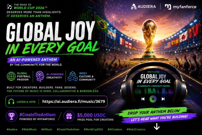 The image features a poster or banner promoting a World Cup event with a soccer ball at its center. The text on the poster highlights the theme of "Global Joy in Every Goal" and encourages people to share this message by creating an AI-powered anthem. The poster also mentions that the song was created using Web3 technology, which is powered by @Audiera_web3.