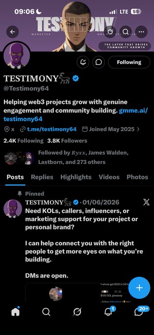 A screenshot of an X (formerly Twitter) profile for 'TESTIMONY' (@Testimony64), a web3 marketing account with 3.8K followers. The pinned post reads: 'Need KOLs, callers, influencers, or marketing support for your project or personal brand? I can help connect you with the right people to get more eyes on what you're building. DMs are open.'