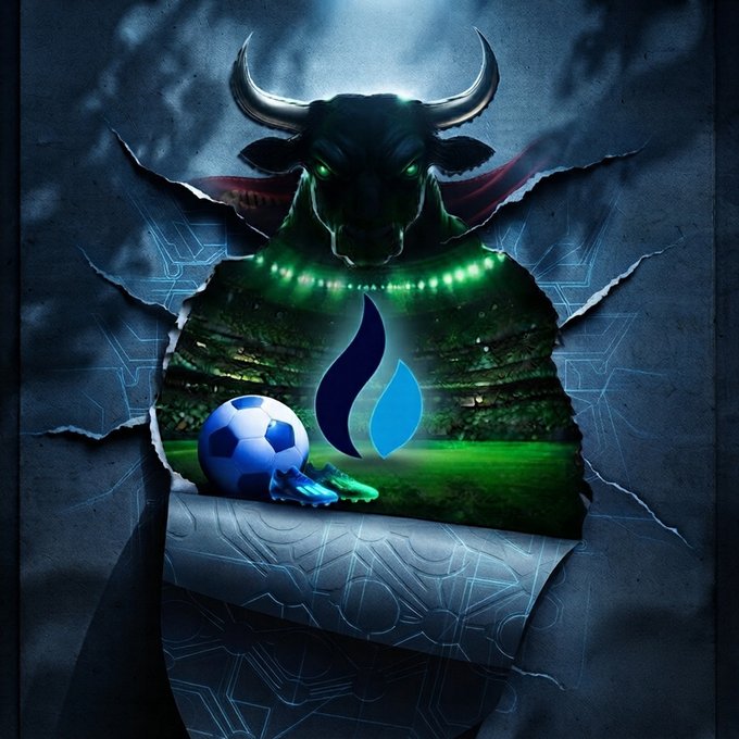 A dark, torn-paper design reveals a menacing green-eyed bull looming over a soccer ball and cleats on a stadium field, with a blue water-droplet logo at the center. The image visually reinforces the post's "built different. built bullish." sentiment by pairing an aggressive bull mascot with a stylistically ripped, edgy aesthetic, suggesting bold confidence and forward momentum.