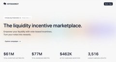 A webpage displays text reading "The liquidity incentive marketplace" and "Empower your liquidity with cross-chain incentives. Turn your wallet into rewards." along with figures "$61M", "$77M", "$462K", and "3,516".