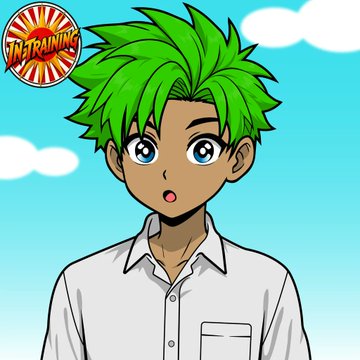 An anime-style illustration of a young man with spiky green hair and blue eyes wearing a white shirt, with a 'JIN TRAINING' logo in the corner.
