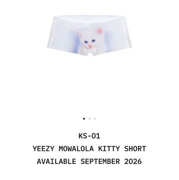 A product listing shows white boxer shorts featuring a Hello Kitty face design, labeled 'KS-01 YEEZY MOWALOLA KITTY SHORT AVAILABLE SEPTEMBER 2026'.