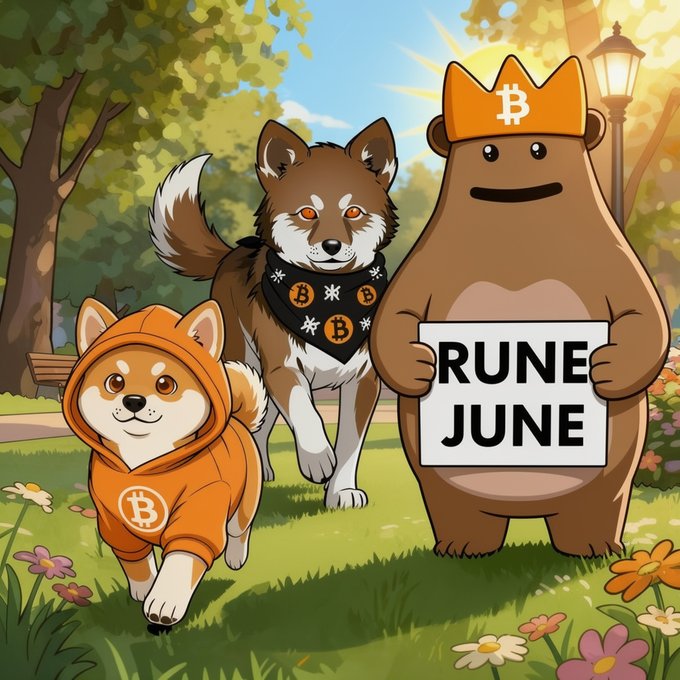 The image features a brown bear wearing an orange hoodie, holding a sign that says "Rune June" with a dog dressed in an orange hoodie standing next to him. A third dog can be seen walking behind them. The background of the image includes trees and flowers, creating a natural setting for this scene. The post related to the image reads: "Rune June coming! $DOG $LOBO x.com/LeonidasNFT/st".
