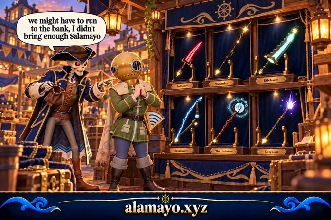 A digital illustration of a pirate and a character with a brass diving helmet looking at a display of six magical wands, with a speech bubble reading 'we might have to run to the bank, I didn't bring enough $alamayo' and 'alamayo.xyz' displayed at the bottom.