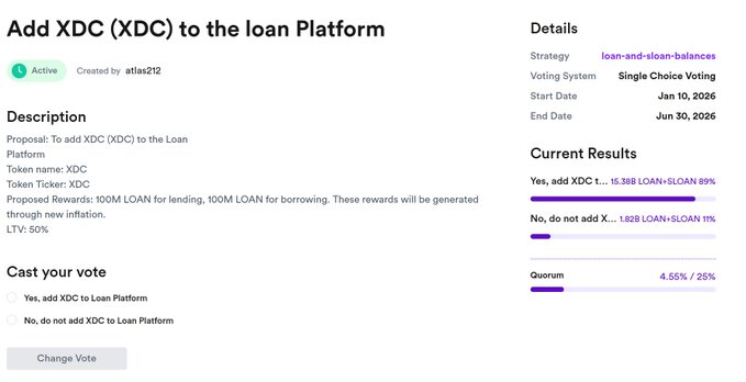 The image presents a survey form asking for people's opinions about adding XDC to the loan platform, with a rating system of either "Great" or "Bad", indicating users' thoughts on whether they are in favor of adding XDC or against it. The survey is open for public input and asks users to cast their vote by filling out the form.