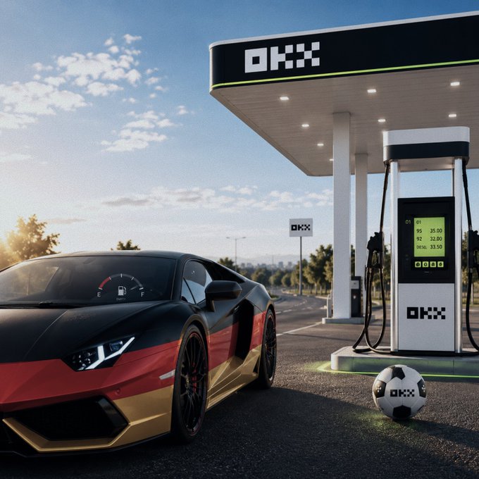 A black, red, and gold sports car parked at an OKX-branded gas station with a soccer ball in the foreground.