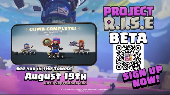A promotional graphic for "Project R.I.S.E Beta" features a "Climb Complete!" game screen showing three characters with a timer, alongside text announcing the beta runs "August 19th until September 2nd" and a QR code prompting viewers to "Sign Up Now!"—matching the post's excitement about the beta launching tomorrow.